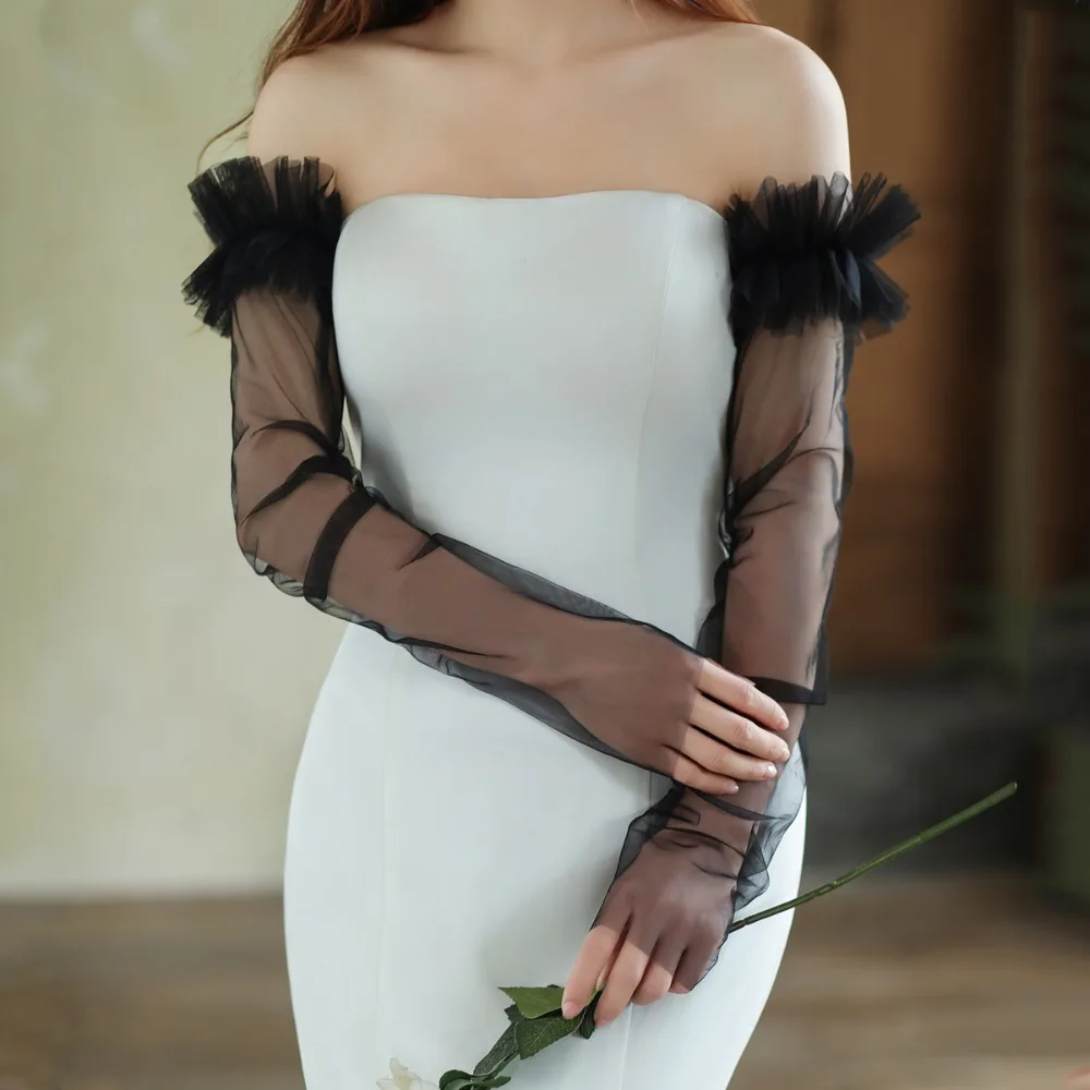 

Holy Korean Style Bridal Arm Sleeves Yarn Solid Color Wedding Long Sleeves Lightweight Gauze Pleated Lace Arm Covers Wedding