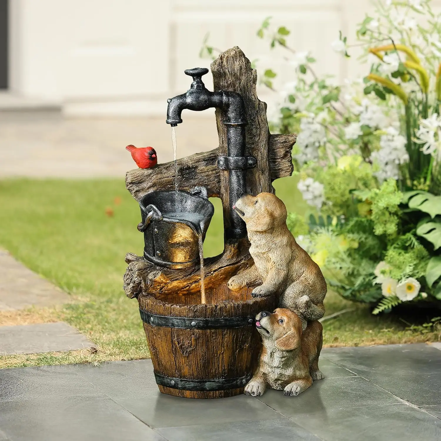 Fuente de agua para exteriores, 3 niveles, cachorros, bomba de agua de resina para exteriores, cascadas, fuentes de agua con luz LED