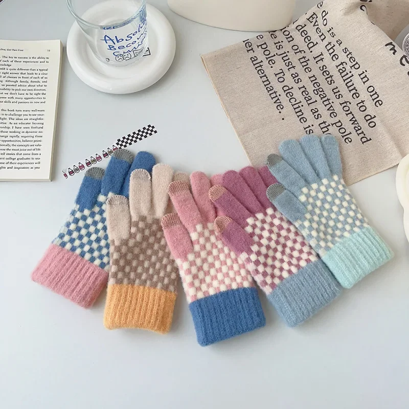 الشتاء النساء الدفء شاشة تعمل باللمس قفازات صوفية محبوكة لطيف جميل موضة شعرية سميكة عالية الجودة حماية البرد