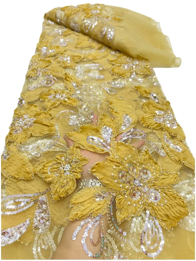 

Nigerian Sequins Tulle Lace Fabric High-Quality Embroidery African Net Cloth for Prom Dresses Beads 5 Yards 2025 DP0488