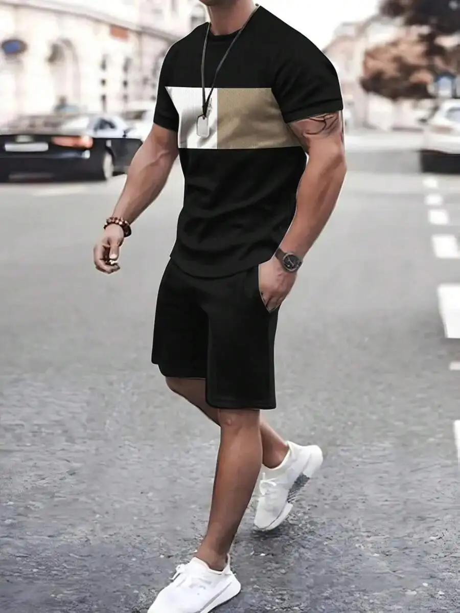 

Mens Crew Neck Short Sleeve Spliced Minimalist T-Shirt And Pocket Shorts Set