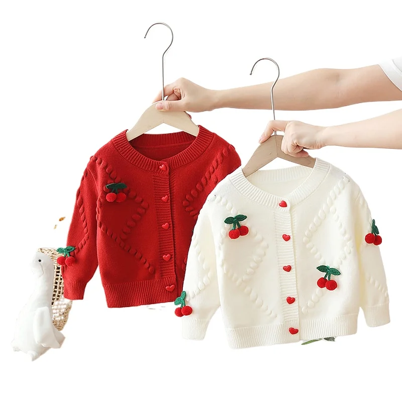 Cute Cherry Toddler Girls Sweaters Kids Tops Knitwear Cardigans Fall Winter Children's Clothes
