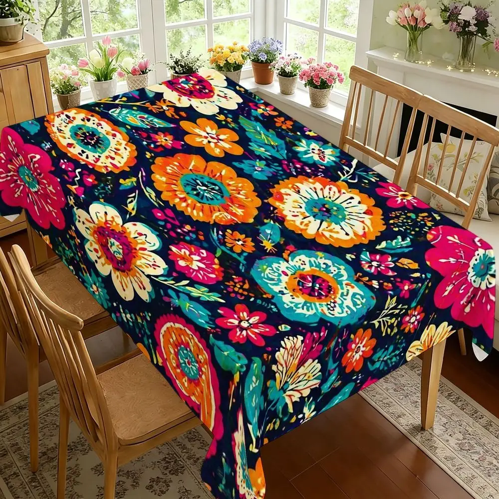 Vibrant Navy Floral Tablecloth - Colorful Orange Pink Teal Yellow Flowers, Rectangular Polyester Dining Cloth, Bright Home Decor for Indoor Kitchen Living Room, Spring Summer Party Wedding Decoration
