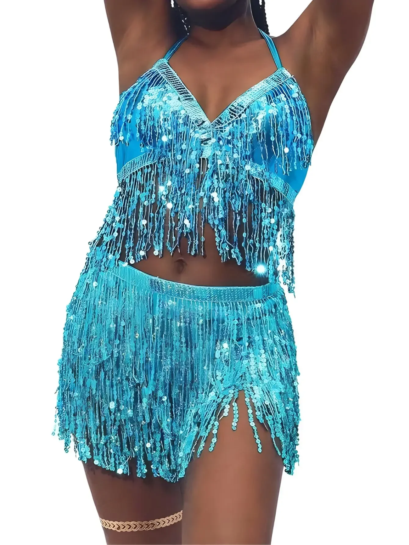 

Belly Dance Top Bra Belt Set Latin Sequin Fringe Halter Hip Skirt Sexy Party Costume 4 Layer Tassel Stage Performance Cloth Wear