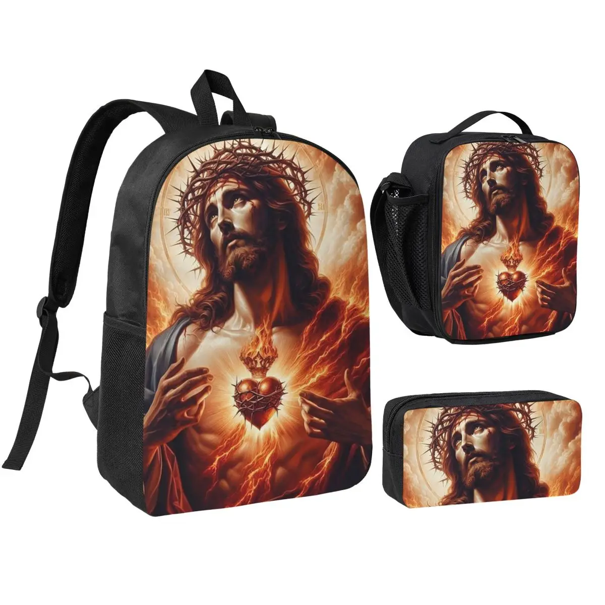 

Jesus Christ Angelic Heart Religious Design Backpack BookBag School Bag Shoulder Bags 3ps Insulated Lunch Bag Pencil Case
