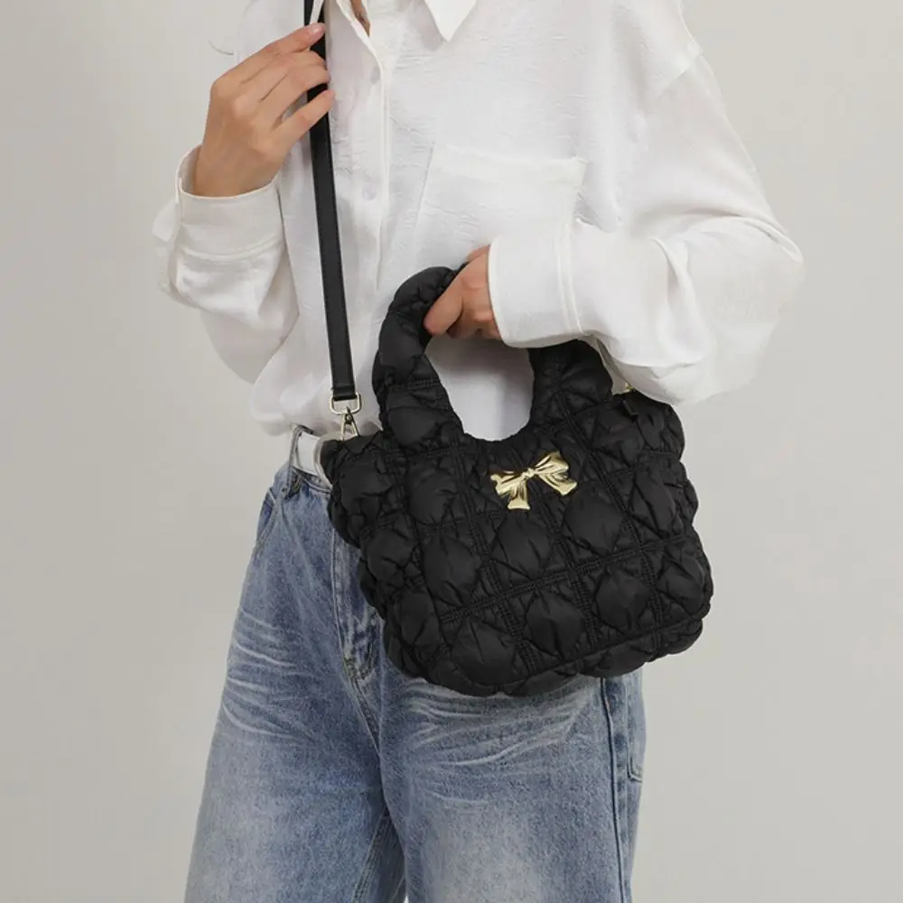 

Korean Style Bow Crossbody Bag Puffer Pleated Space Cotton Shoulder Bag Large Capacity Solid Color Bubble Cloud Handbag Daily