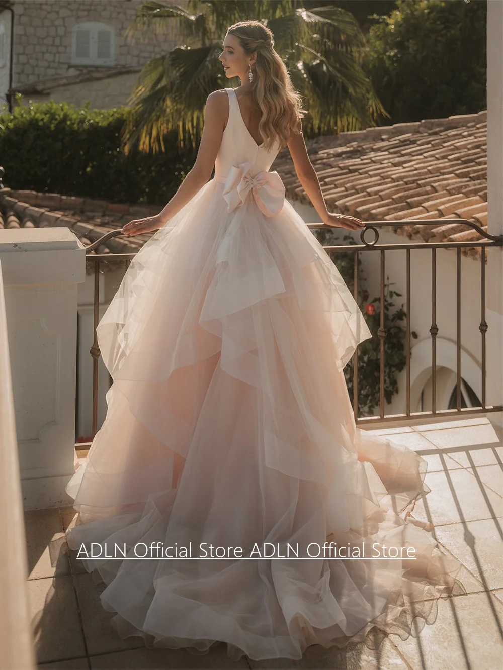 Brush Pink Wedding Dress Customized Deep V Neck Sleeveless Back Zipper Bow Sweep Train Ruffles Tulle A Line Bridal Gown