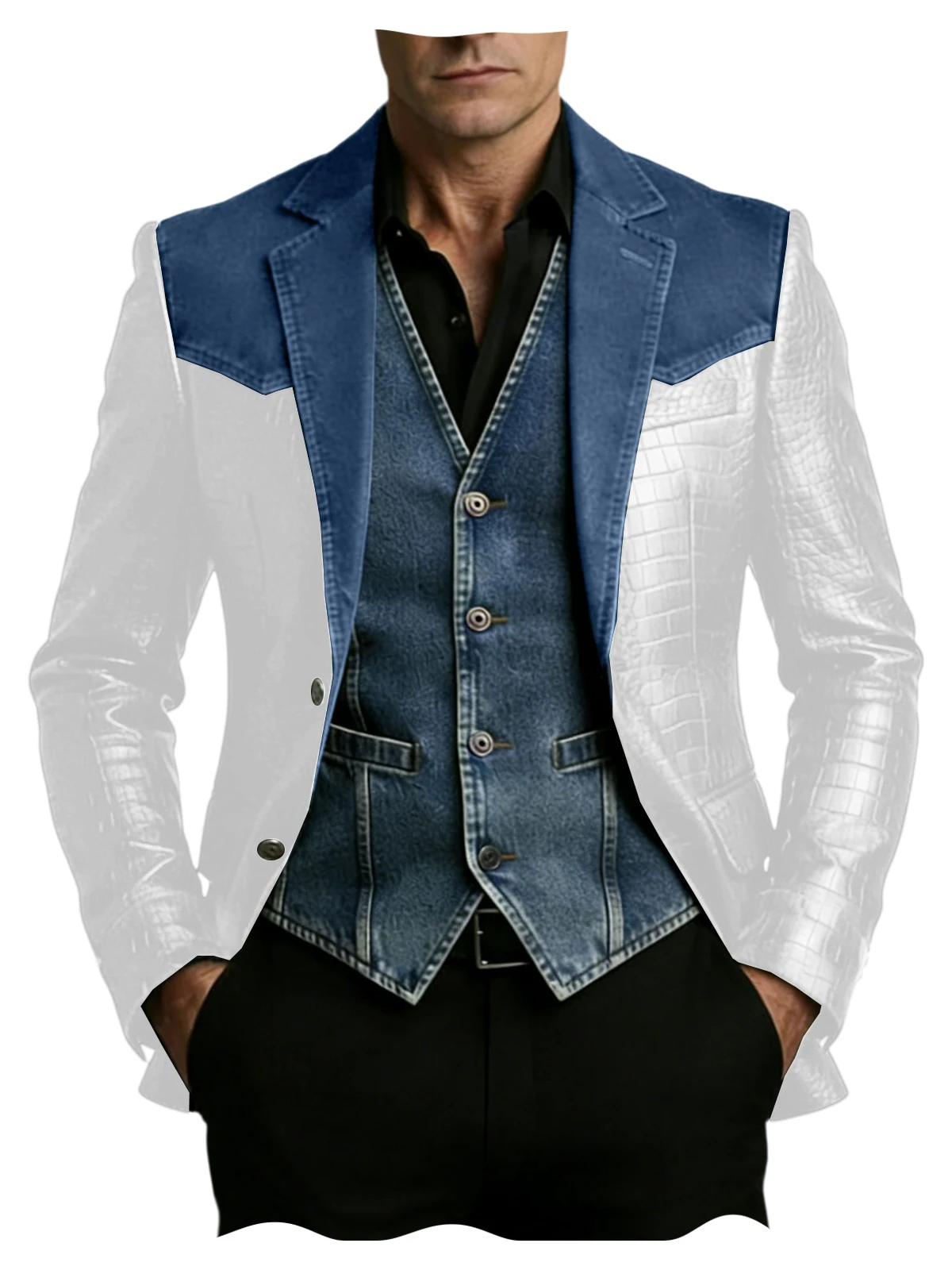 Men's Crocodile Embossed PU Leather Blazer Shoulder Denim Patchwork Notch Lapel Flap Pocket Jacket Business Casual Suit Coat image 5