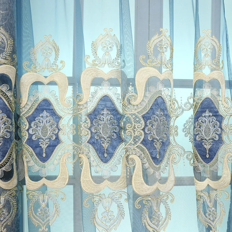 Custom Size European Embroidery Blackout Blue and Brown Fashion Pastoral Chenille Fabric Curtains for Living Dining Room Bedroom