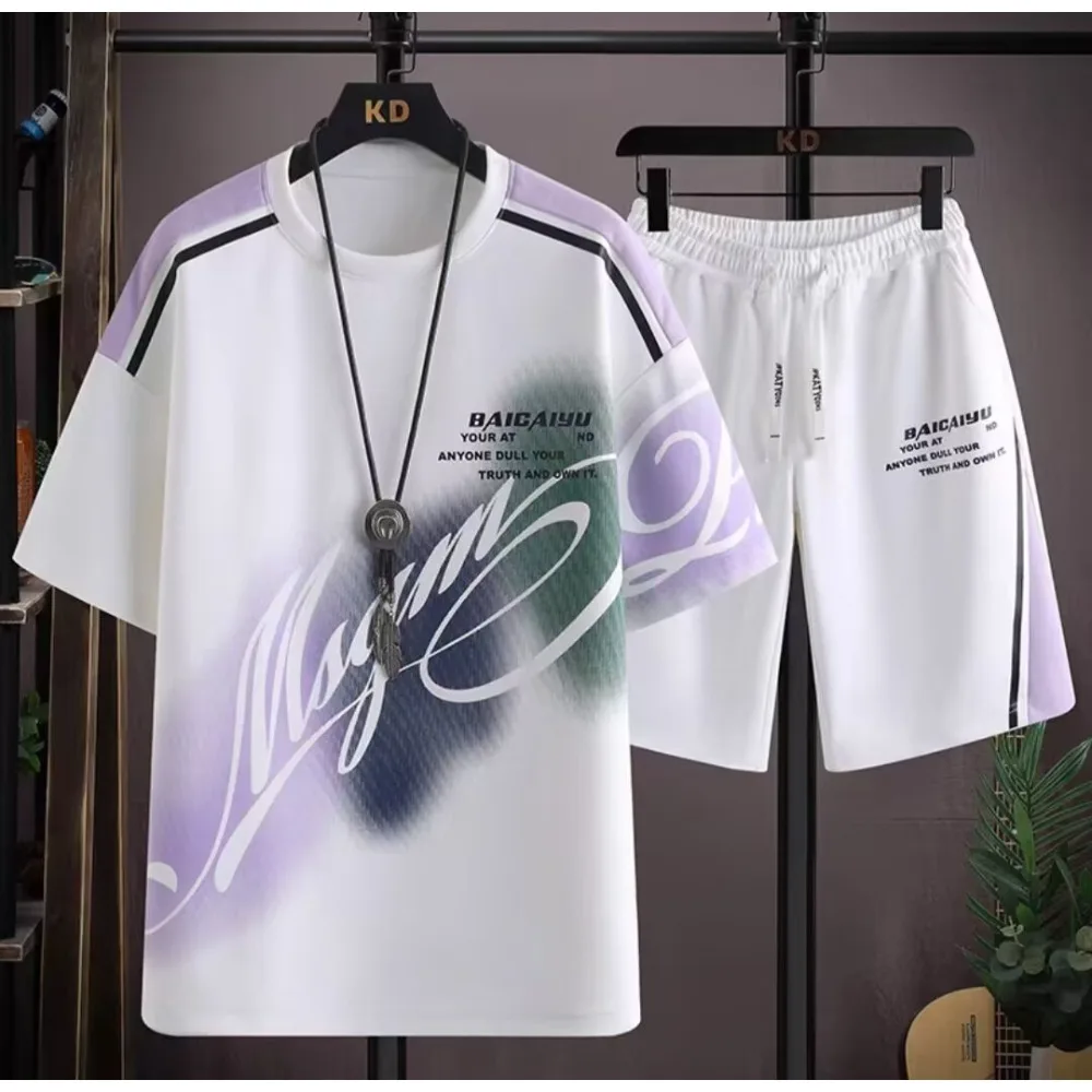 

M-8XL Plus Size Men's Clothing 2 Piece Set Summer Short Sleeved T-shirt Sport Shorts Sets Running and Fitness Sportswear 2026
