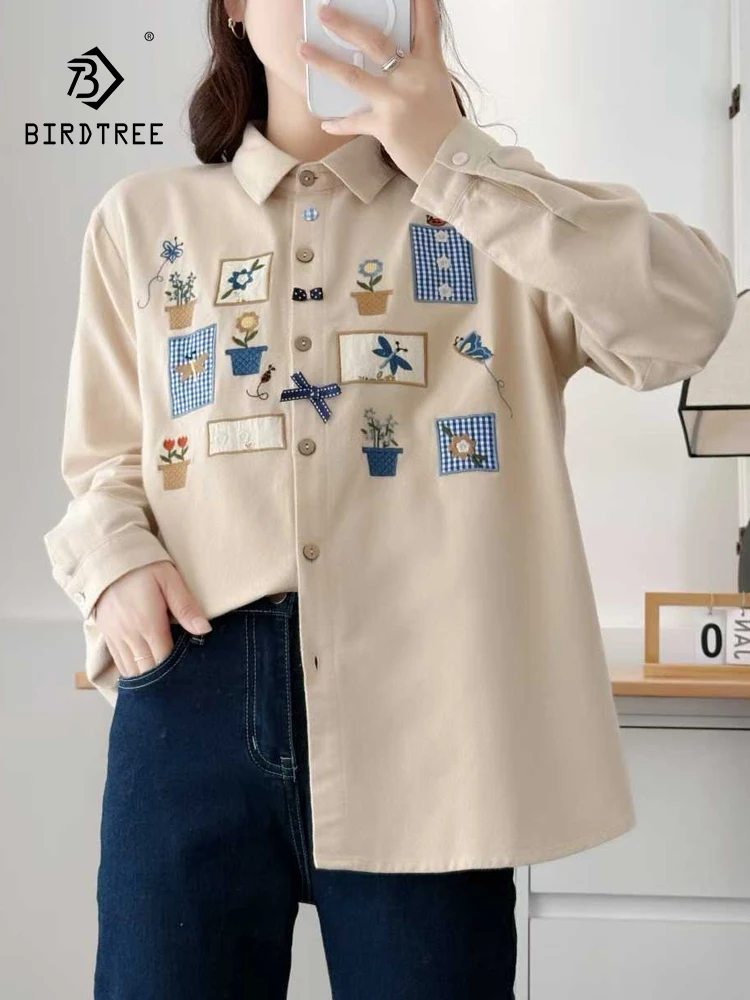 

New 2025 Autumn Cotton Long Sleeve Brushed Shirt, Women Lapel Embroidery, Mori Girl Age Reduction Bow INS Loose Blouse T5O085CC