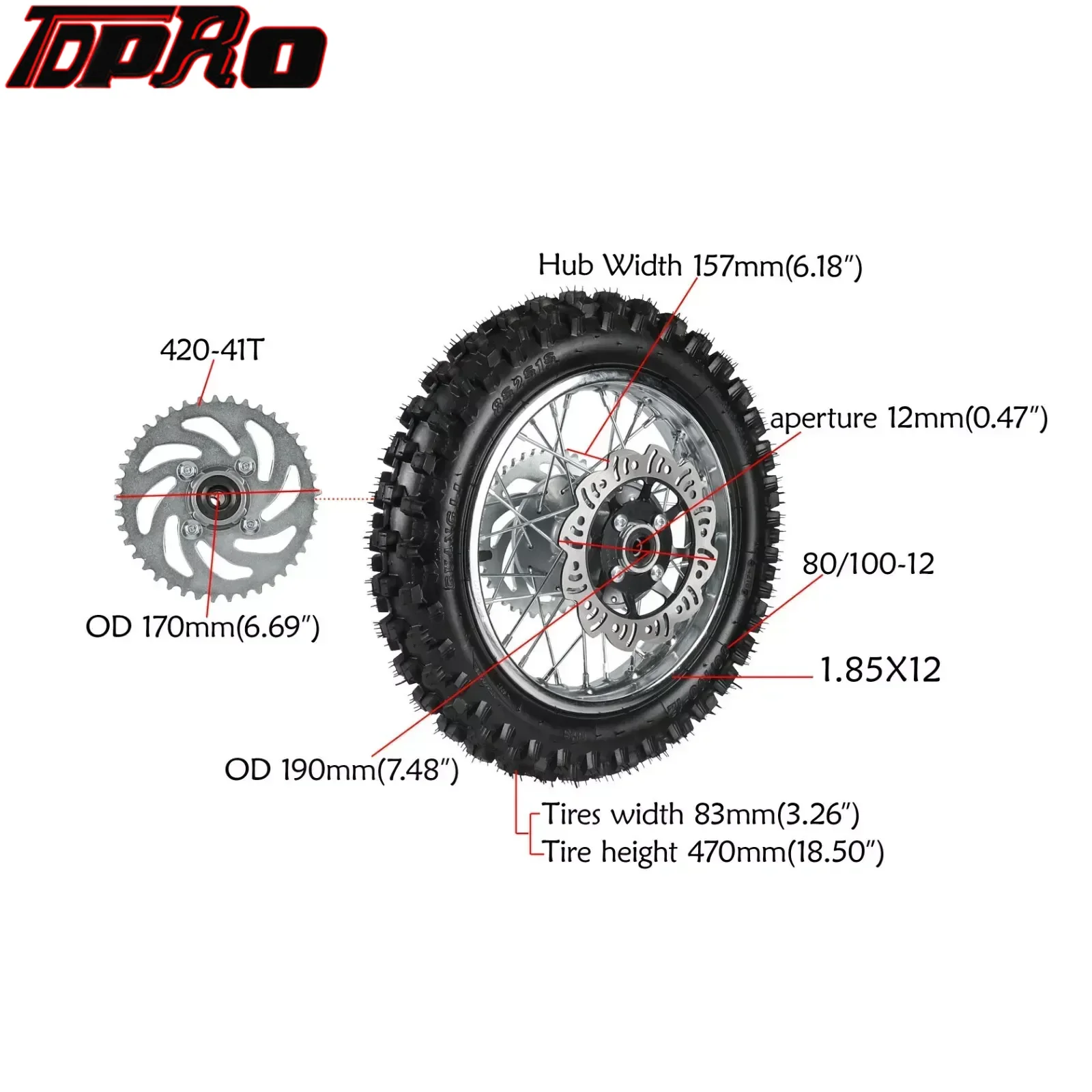 TDPRO 80/100-12 Rear Wheel Tire Rim1.85x12 Inch Rim Sprocket Disc for Dirt Pit Bike DRZ110 CRF70 KX65 Monkey Bike Dirt bike