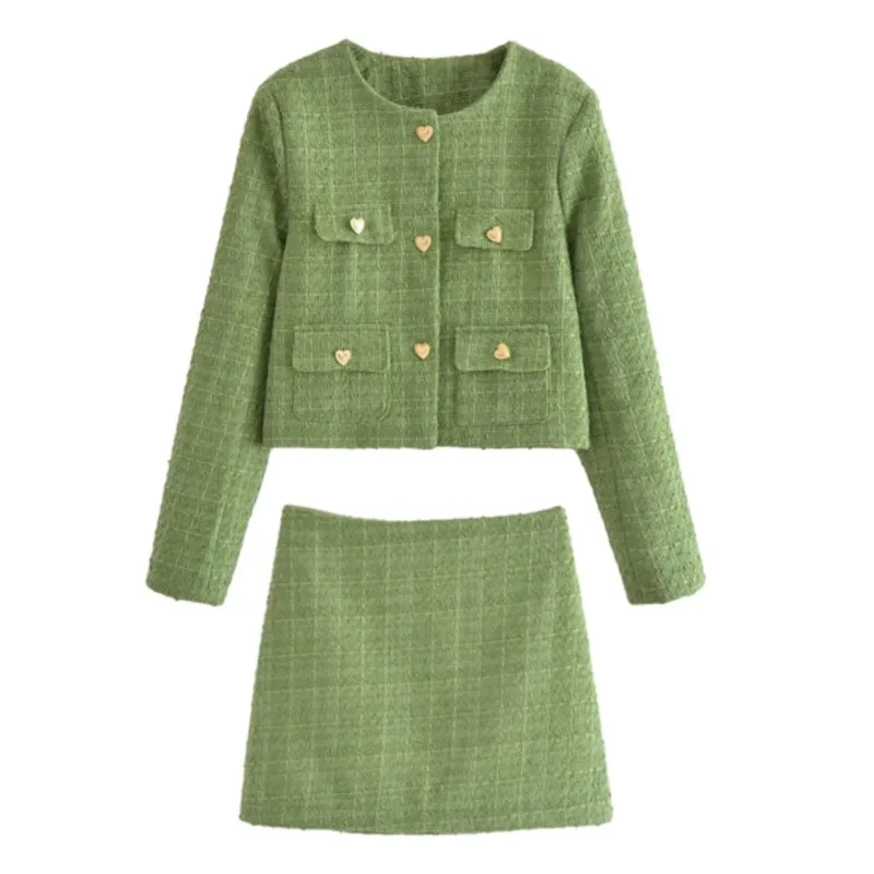 

Green tweed coat + skirt suit new autumn jacket woolen 2 sets