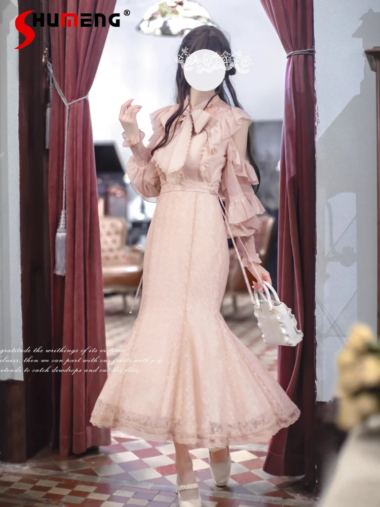 

Оригинальная японская рубашка массового производства Sweet Lolita с открытыми плечами и длинными рукавами, комплект с юбкой-русалкой, осенняя элегантная женская одежда