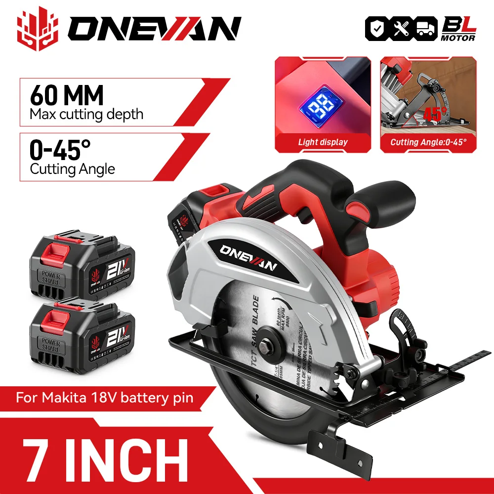 ONEVAN 4000 W bürstenlose elektrische Kreissägen 7 Zoll 185 mm kabelloses elektrisches Schneid- und Holzbearbeitungswerkzeug für Makita 18 V Batterie-Pin