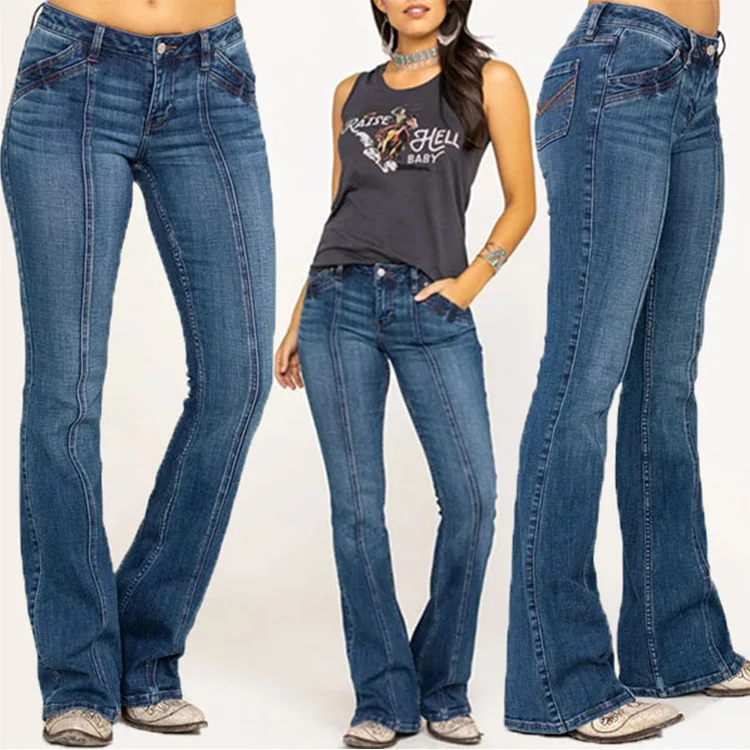 European American Women Low Waist Ripped Flared Jeans Slim Fit Fashion Casual Stretch Denim Long Pants