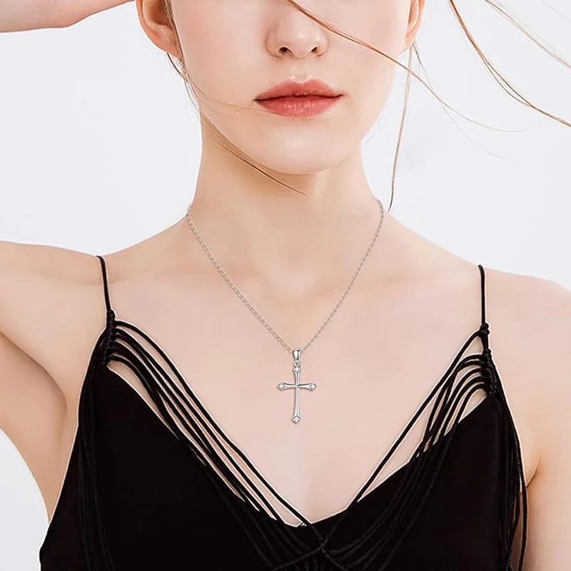 Huitan Gothic Cross Shaped Women Pendant Necklace for Halloween Cosplay Wearable Accessories Inlaid Shiny CZ Trendy Lady Jewelry
