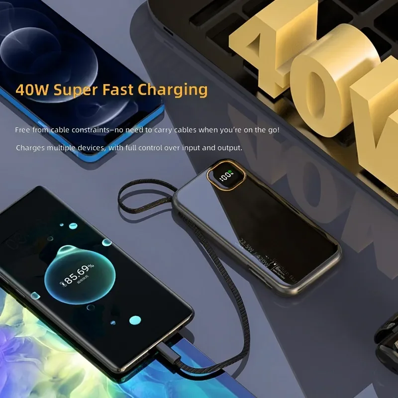 for Apple Android 40W Power Bank 20000mAh Large Capacity Portable Charger with Built in Cable Compact Mobile Power Supply