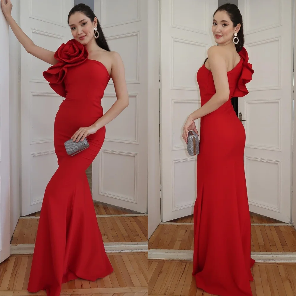 맞춤형 모던 스타일 패션 저지 수제 꽃 장식 맞춤형 스트레이트 원숄더 롱 드레스 이브닝 드레스 세트