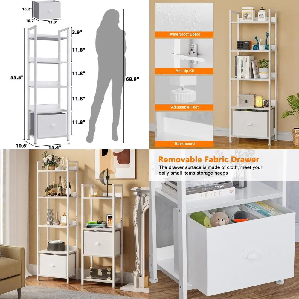 

Modern Tall Narrow Wood & Metal Bookshelf with Drawers, 5-Tier Storage Organizer, White Display Unit for Home & Office