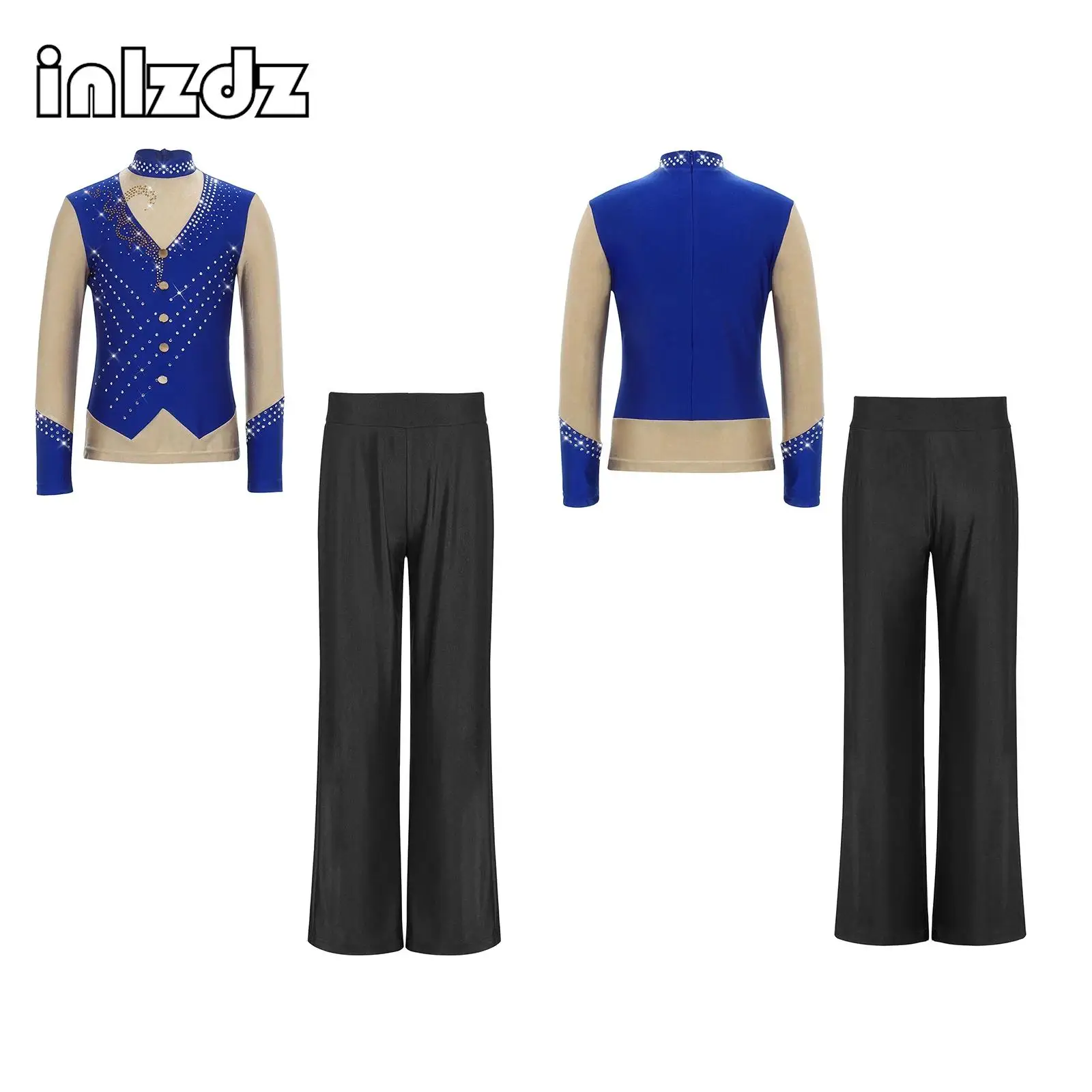 

Boys 2Pcs Ice Figure Skating Costumes Gymnastics Outfit Long Sleeve Sparkly Rhinestones Top+Pants Set Performance Training Wear