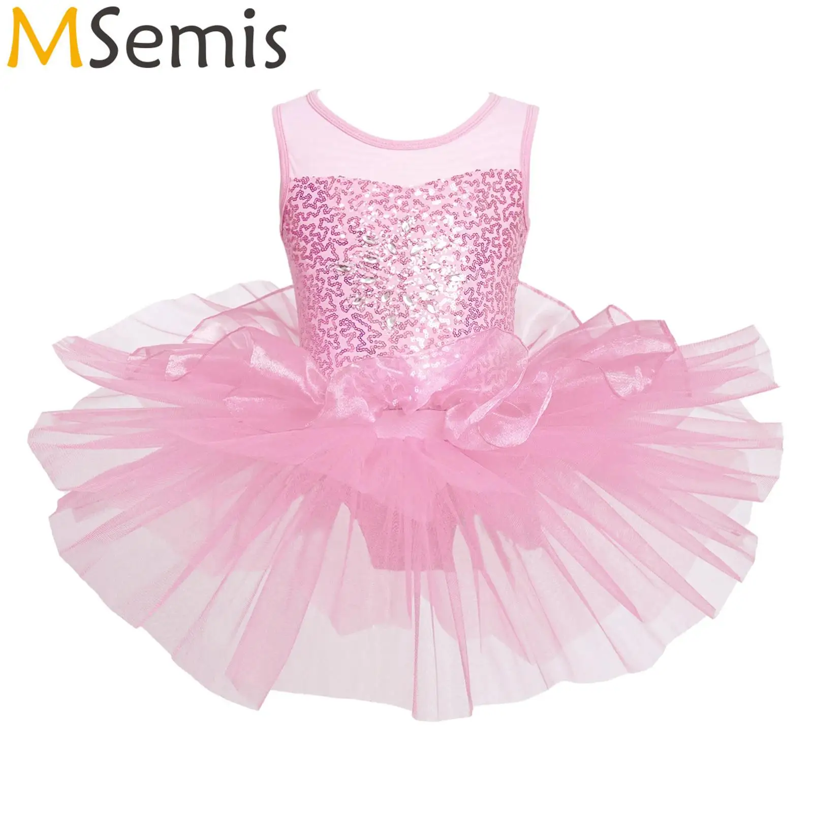 Girls Shiny Sequins Ballet Tutu Dance Dress Sleeveless Rhythm Gymnastics Artistic Skating Ballerina Costume Leotard Dress