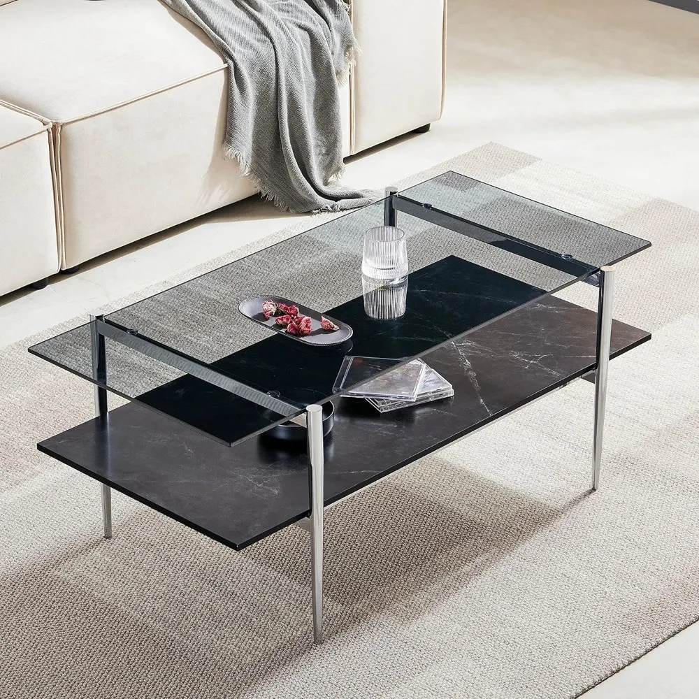 202206 Tadio Glass Coffee Table, Double Layer Coffee Table for Living Space, Gold Finish Frmae, Coffee Brown Glass