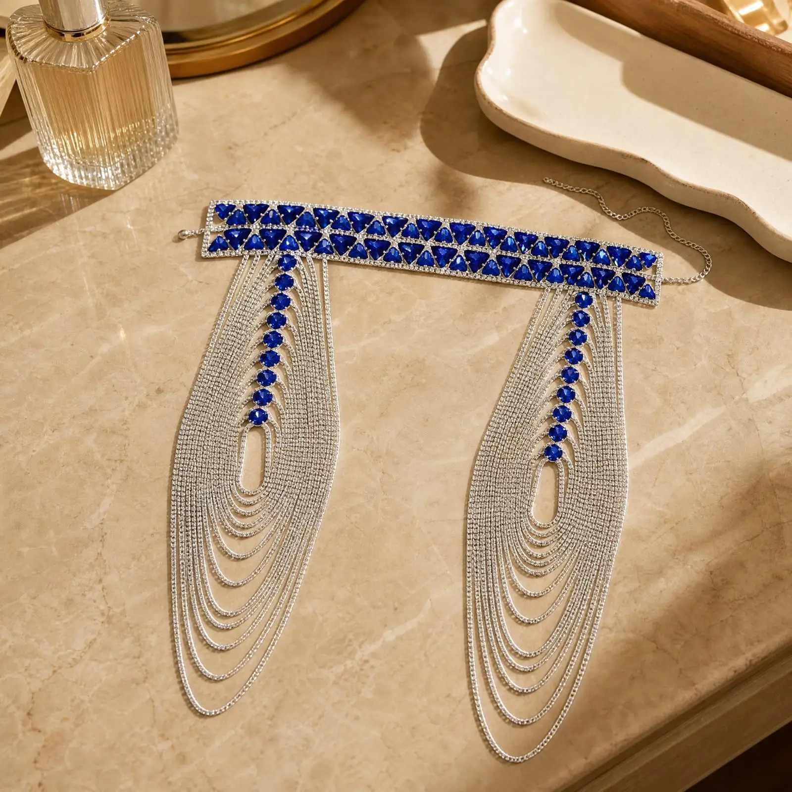 Statement Women Shoulder Chain Faceted Blue Stones Copper Material Adjustable Extension Chain for Evening Outfits and Shows