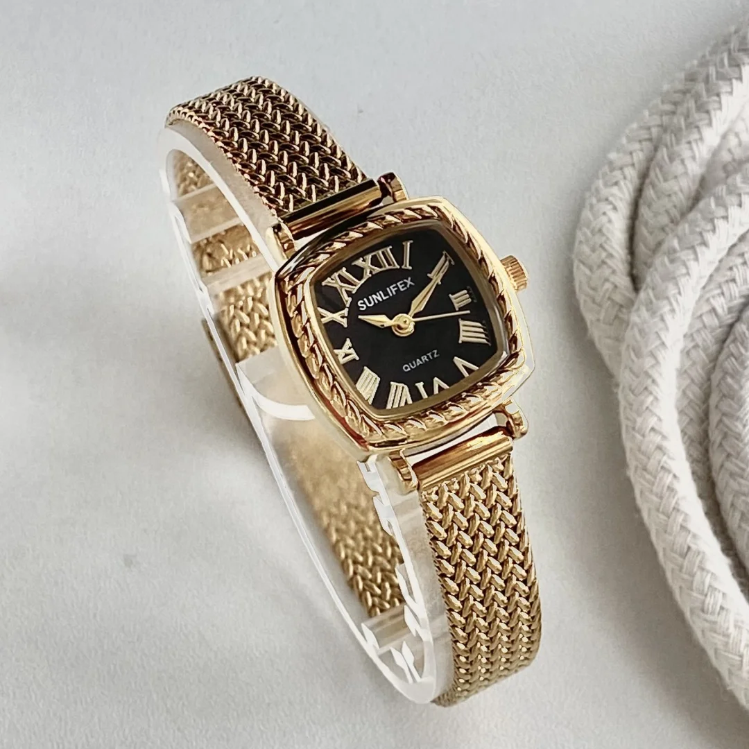 Sunlifex Vintage złoty mała tarcza kwarcowy damski zegarek na rękę elegancki zegarek kobieta bransoletka Casual zegarek dla kobiet Relogio Feminino