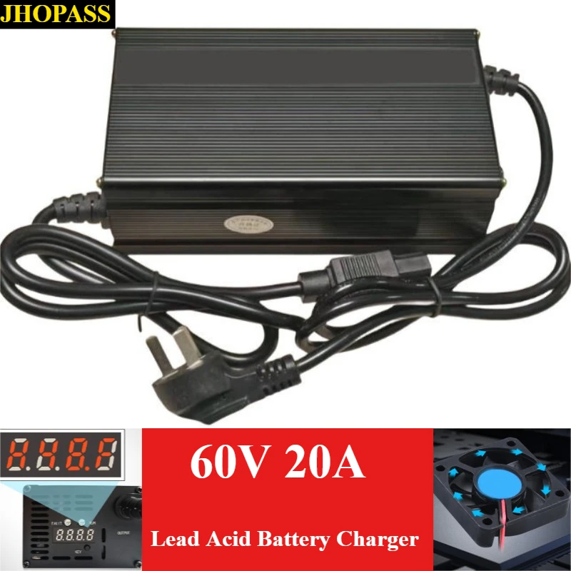 HD Smart 60V 20A LCD GEL AGM Dry Water Lead Acid Battery Charger with Motorcycle Four-wheeler NEV RV 220V UK US EU AU Plug