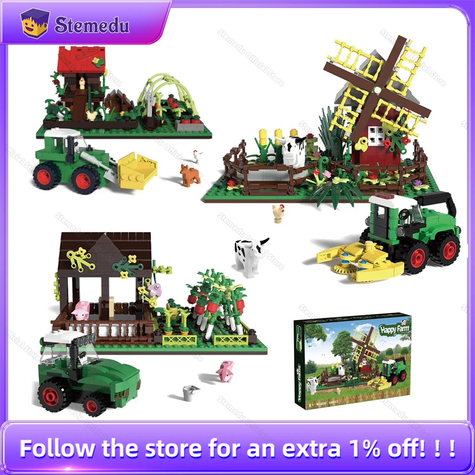 

Building Blocks Happy Farm Windmill House Chicken Coop Pig Sty Vegetable Fruit Farm Animals Tractor Kid Gift Bricks Assemble Toy