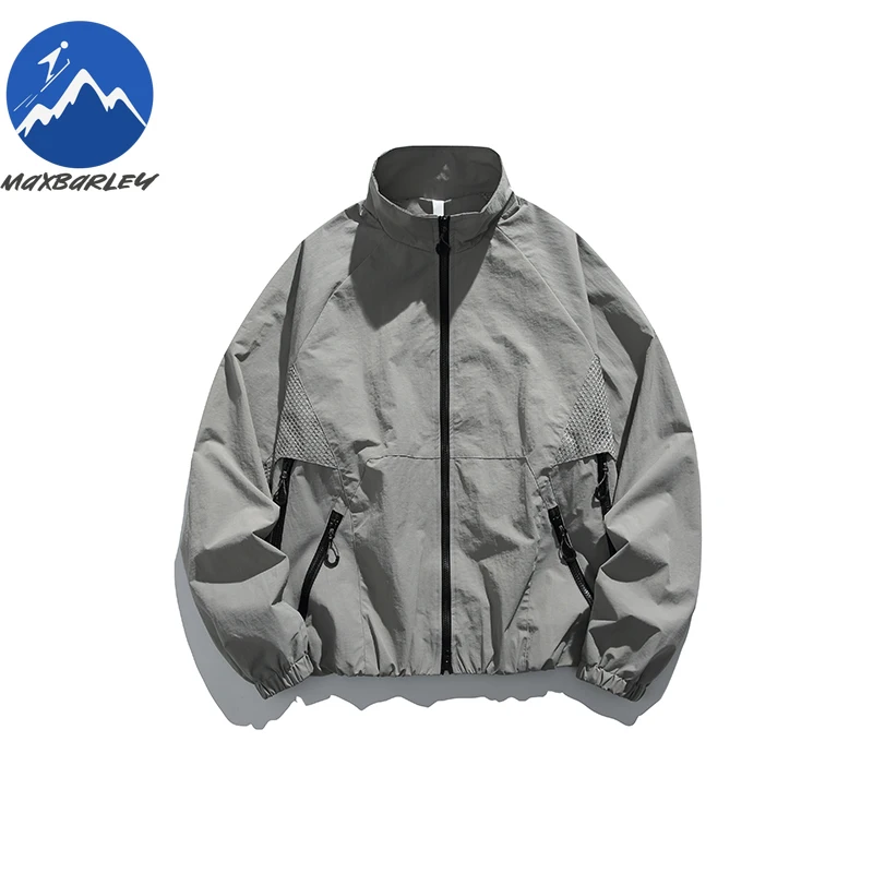 Maxbarley Men Jacket Outdoor Trekking Mesh Patchwork Breathable Stand Collar Jacket Men Autumn Loose Waterproof Durable Garment