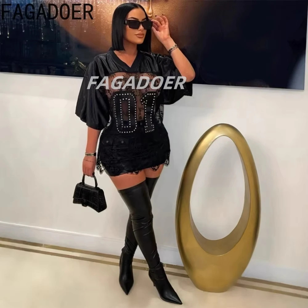 FAGADOER Sexy Lace Patchwork T-Shirts Women Short Sleeve Deep V Letter Printing Crop Top Female Streetwear Clothing 2025 New