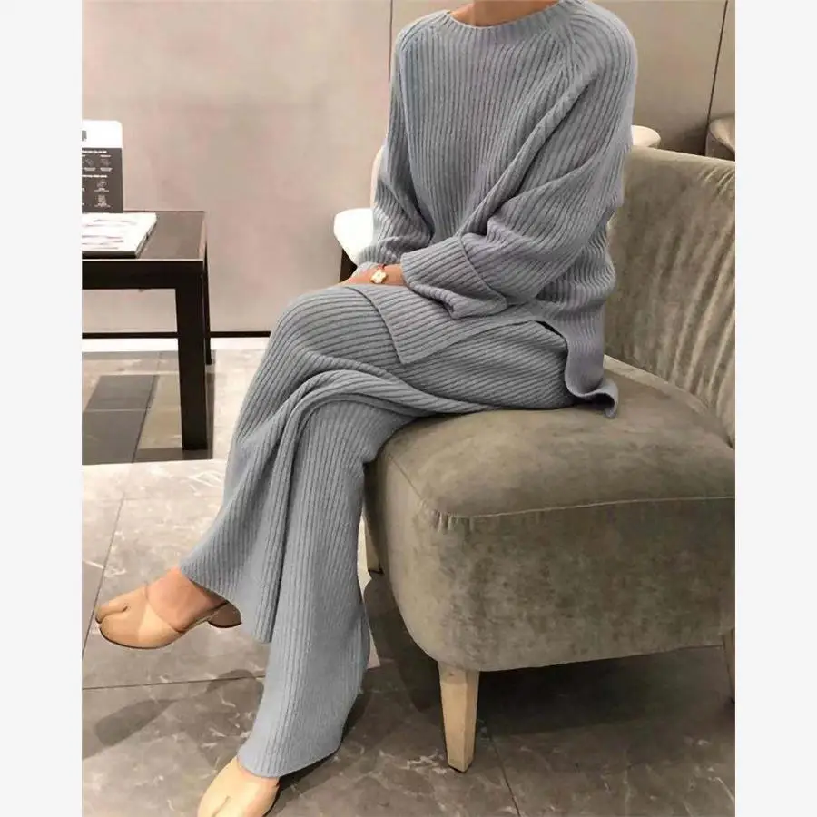 Women's Long Plain Casual Two-Piece Knitting Sweater Comfortable Breathable Stretchy Elastic Waist Pants Set for Office