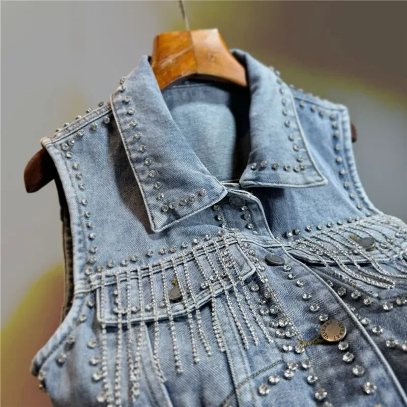 

Spring Heavy Work Diamond Chain Tassel Light Blue Slim Short Denim Vest Women Lapel Single-breasted Sleeveless Cowboy Waistcoat