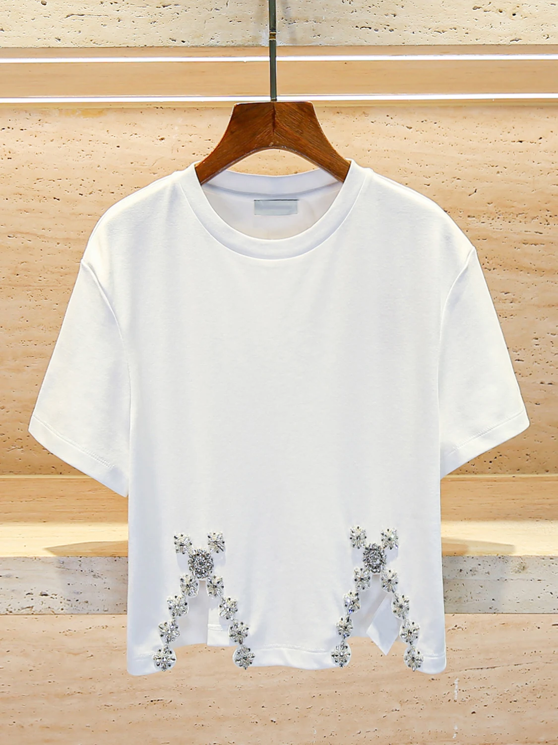 

S Home South Oil High End Women's Summer Casual Versatile Heavy Diamond Embellied Pure Cotton T-irt Top