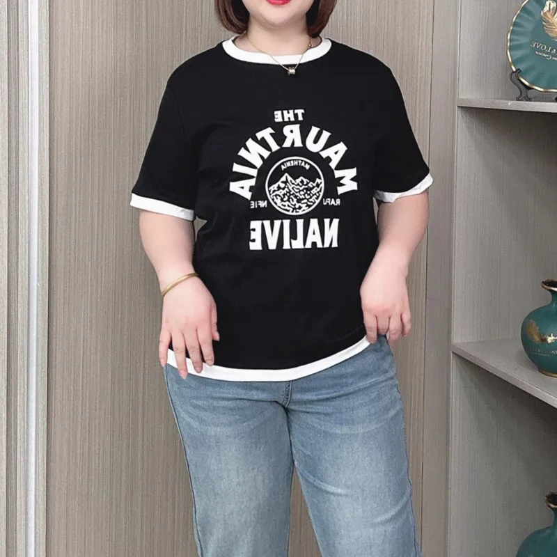 Letter Printing Short Sleeve T-shirt Women Summer New Plus Size Loose Thin Casual Color Matching Base Tops