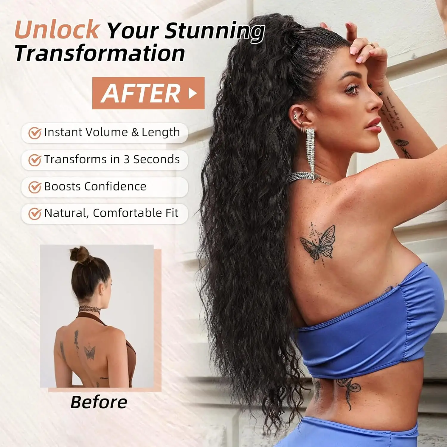 ผมหางม้า EXTENSION Claw 30 "CURLY PONY TAIL คลิปในส่วนขยายของผมปุยธรรมชาติ Hairpiece สังเคราะห์สําหรับผู้หญิงสีดํา
