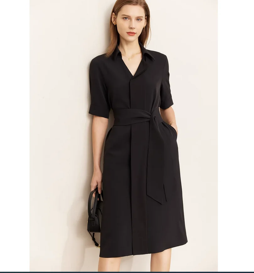

French summer new black shirt dress with belt mini black skirt