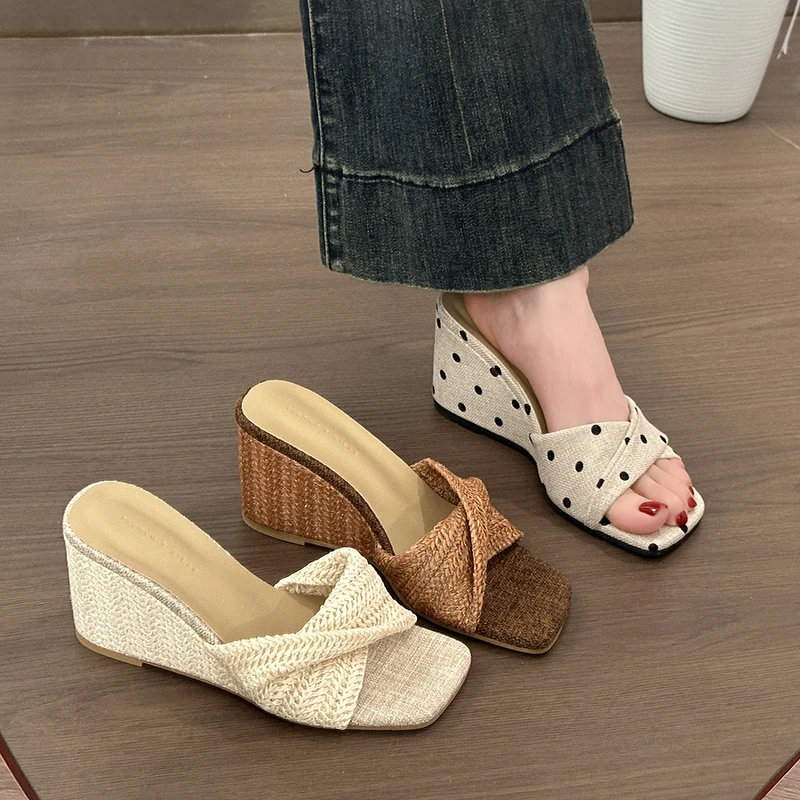 

Outdoor Wedges Heel Dress Slides 2026 New Summer Open Toe Women's Shoes Beach Vacation Weave Women Slippers Ladies