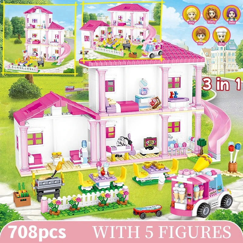 2025 ville 1 changement 3 vacances d'été Villa bloc de construction modèle tige jouet éducatif figurines jouets pour enfants anniversaire Gif