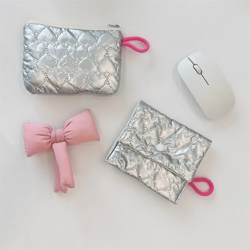 Korean Style Silver Stuffed Cotton Coin Purse Love Rhombus Shape Sanitary Napkin Storage Bag Portable Small Item Bag Storage Bag