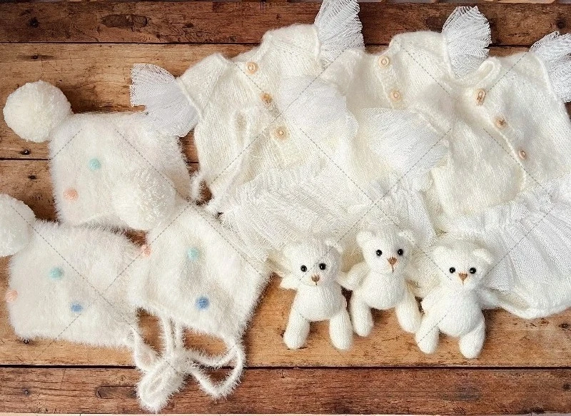 Newborn Photography Props Handmade Knitted Cute White Clothing Dress with Hat Bear Doll Set for Studio Photoshoot Photo Prop