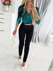 Elegant Jumpsuit Women 2023 New Spring Office Lady Fashion Marble Print Lace Chain Decor V-Neck Long Sleeve Long Jumpsuit Work