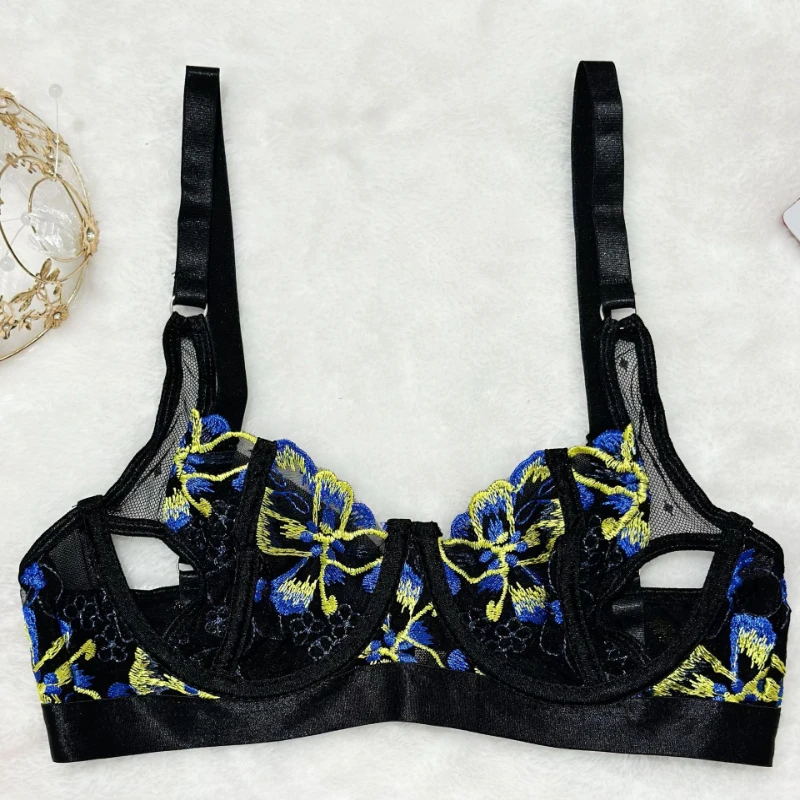 Bikini with underwire, embroidered sheer mesh garter belt, sexy lingerie three-piece swimsuit set