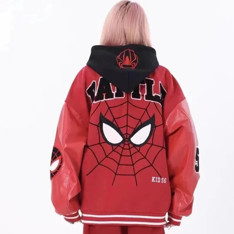 Spider Varsity Jackets Men Embroidery Baseball Jacket removable Hat Spliced PU Leather Sleeves Spring Autumn Women baseball Coat