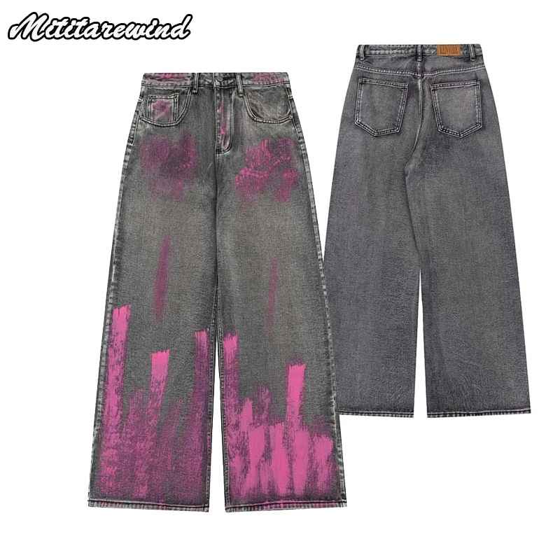 

High Street Jeans Men Graffiti Spray-painted Washed Distressed Jeans For Lovers Hip Hop Streetwear Straight Denim Pants Women