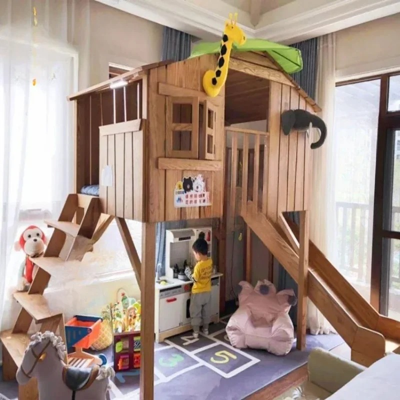 Children's double tree house bed, all solid wood boys on and off the bed, princess castle bed slide