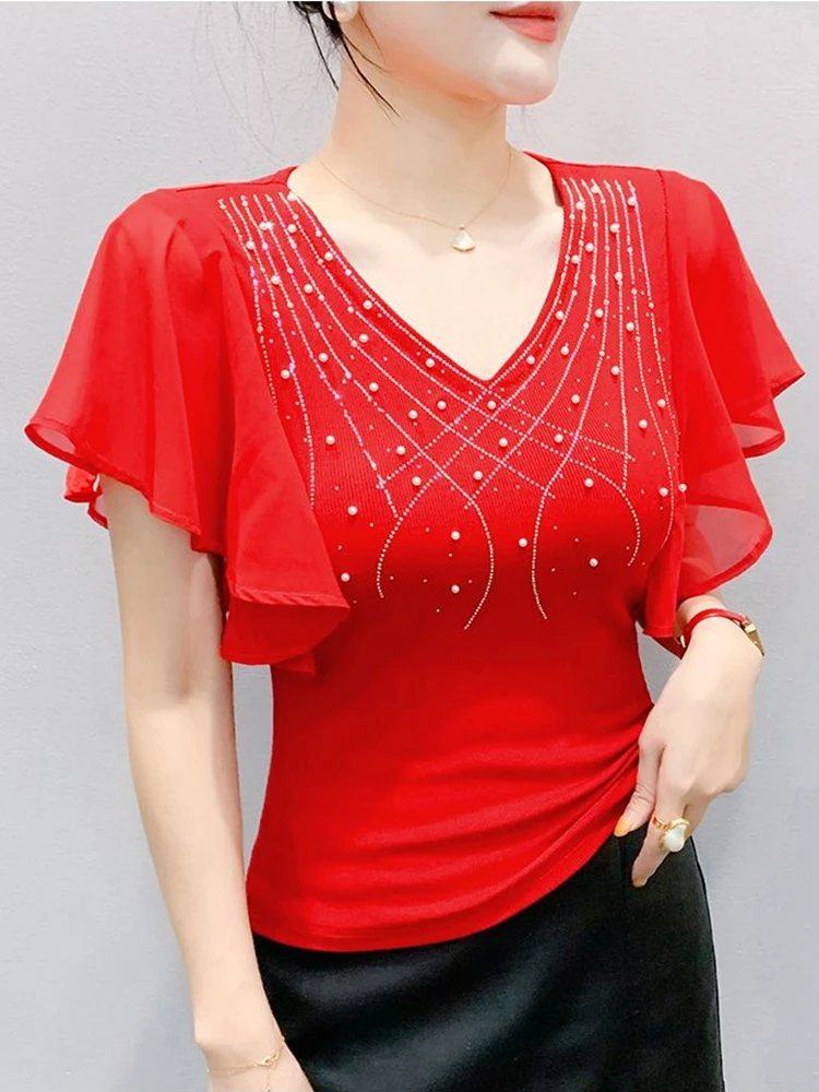 

Casual Diamonds V Neck White Blouses Women Summer Ruffles Sleeve Korean Style Blusas Ladies Black Y2k Tops Streetwear Shirts