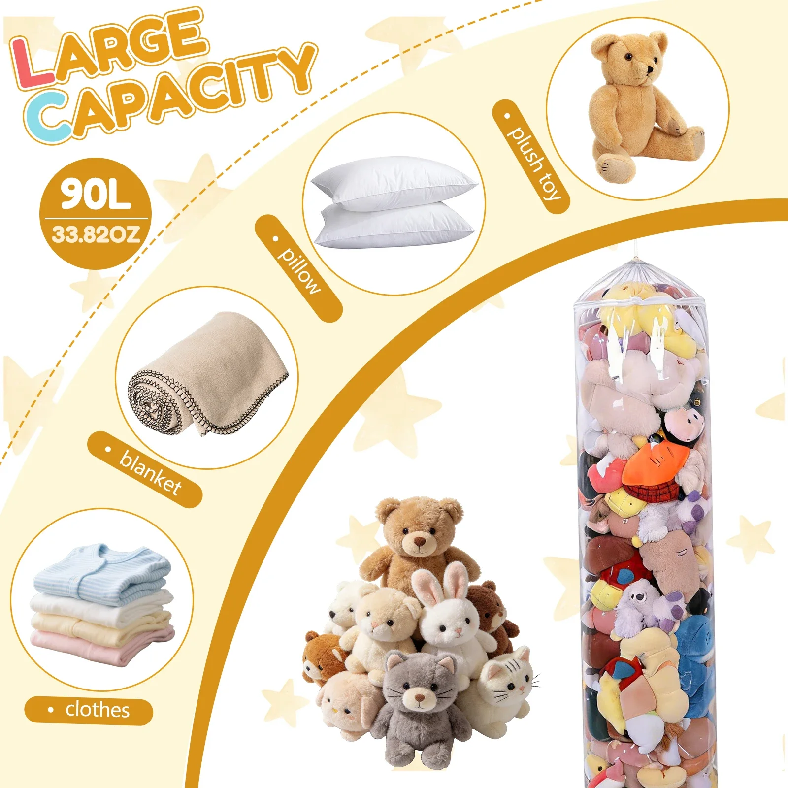 90L Transparent Doll Storage Bag PVC Waterproof Cylindrical Plush Toy Organizer Stuffed Animal Storage Boxing Bag for Kids Play